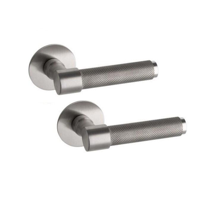 Artitec Door handles 'RAW L+L' on round rosettes of 2 mm thick in stainless steel - Fastfix