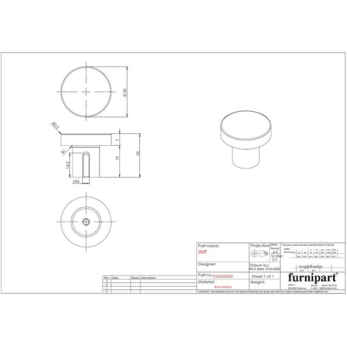 Furnipart Furnipart Möbelknopf DOT Ø 30 mm – gebürstetes Kupfer