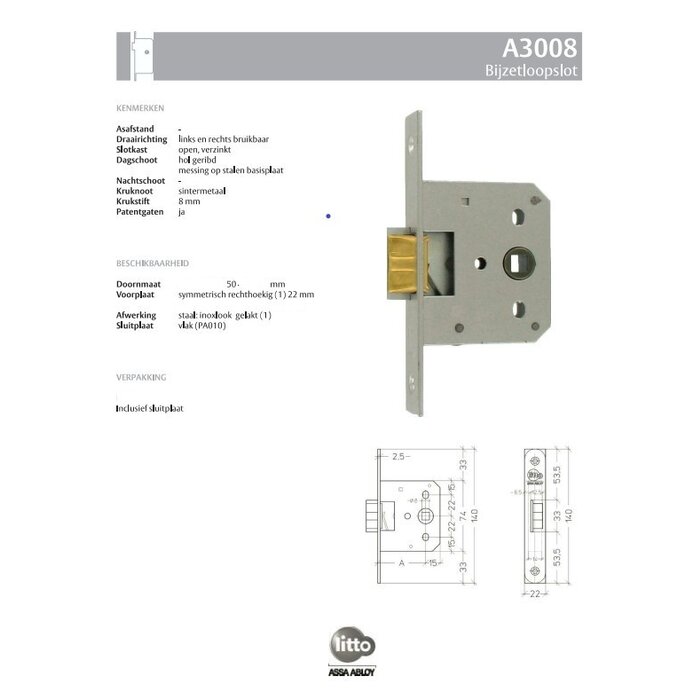 Assa Abloy Litto Edelstahl-Zylinderschloss mit gerader Frontplatte 22x140mm, Dorn 50mm