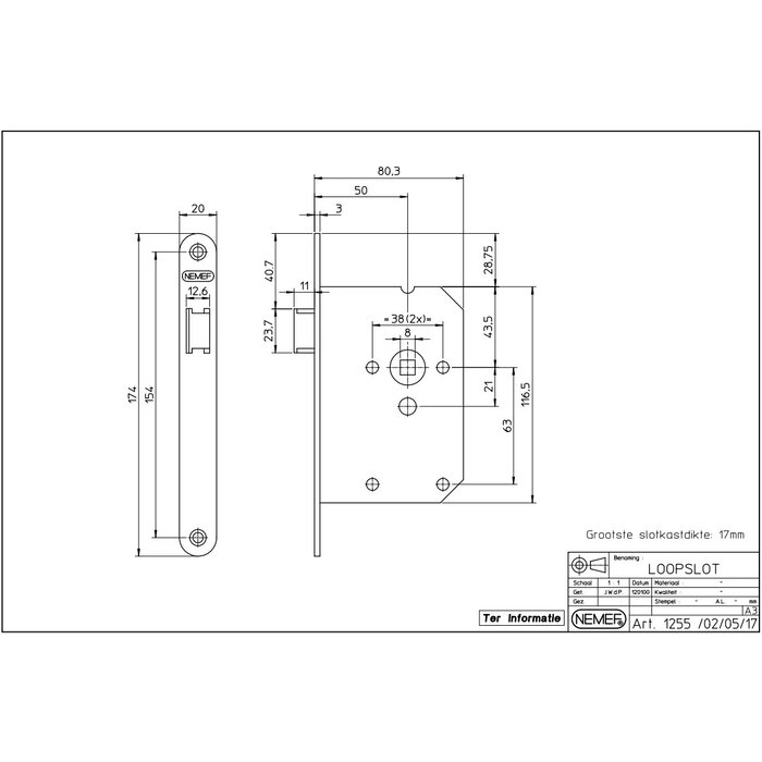 NEMEF Stainless steel mortise lock NEMEF 1255/17-50 with striking plate
