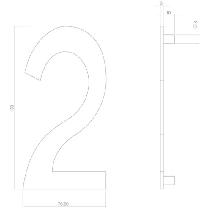 Intersteel Intersteel house number '2' 150 mm high - Brass PVD