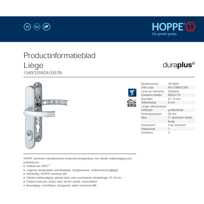 Hoppe Hoppe veiligheidsgarnituur Liège Kruk/Kruk aluminium F1- PZ92mm