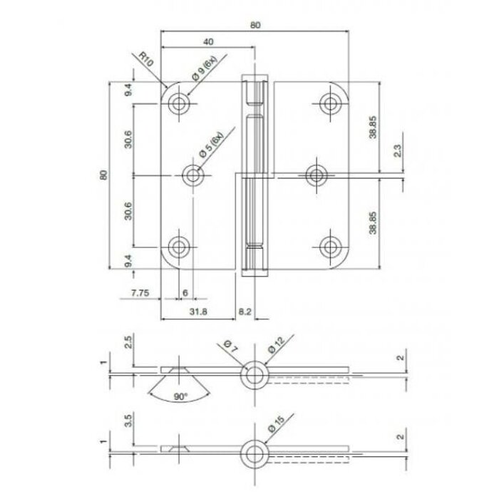 STERK Stainless steel hinge 80x80x2.5mm - Copper PVD