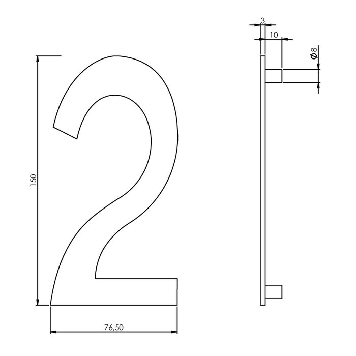 Intersteel Intersteel house number '2' 150 mm high - Brushed stainless steel