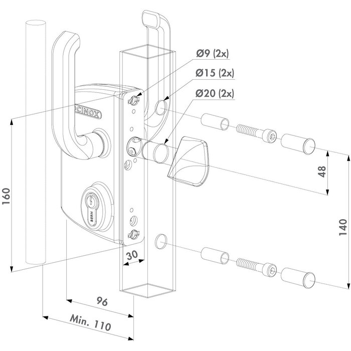 LOCINOX Serrure de portail coulissant en applique LSKZ80U2LVSZS pour profil carré - 80 mm