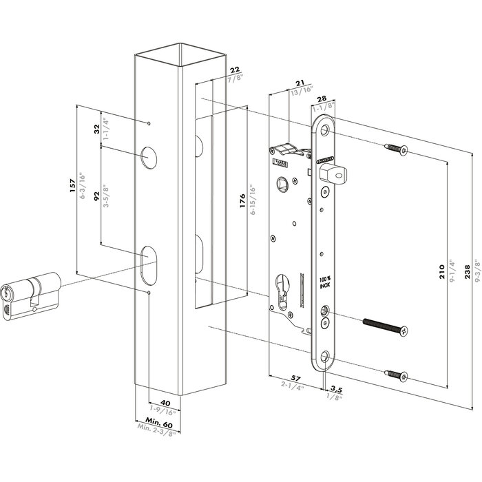 LOCINOX Serrure à mortaiser multifonctionnelle Locinox avec goupille de 40 mm - pour profils à partir de 60 mm
