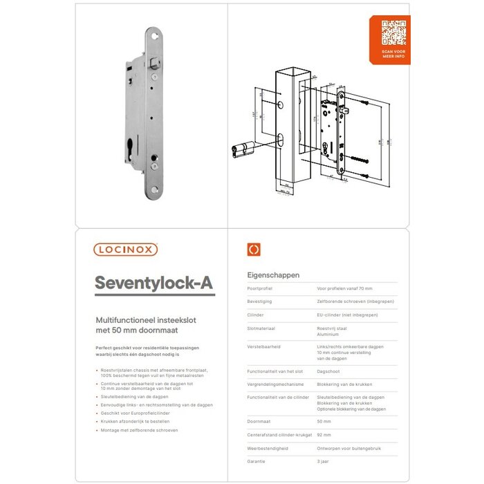 LOCINOX Serrure à mortaiser multifonctionnelle Locinox avec goupille de 50 mm - pour profils à partir de 70 mm