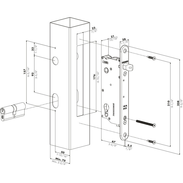 LOCINOX Locinox Multifunktions-Einsteckschloss mit 50mm Stift - für Profile ab 70 mm