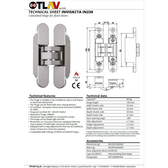Otlav Brons onzichtbaar 3D scharnier Otlav Invisacta IN230120 - 23x120mm -Licht Brons