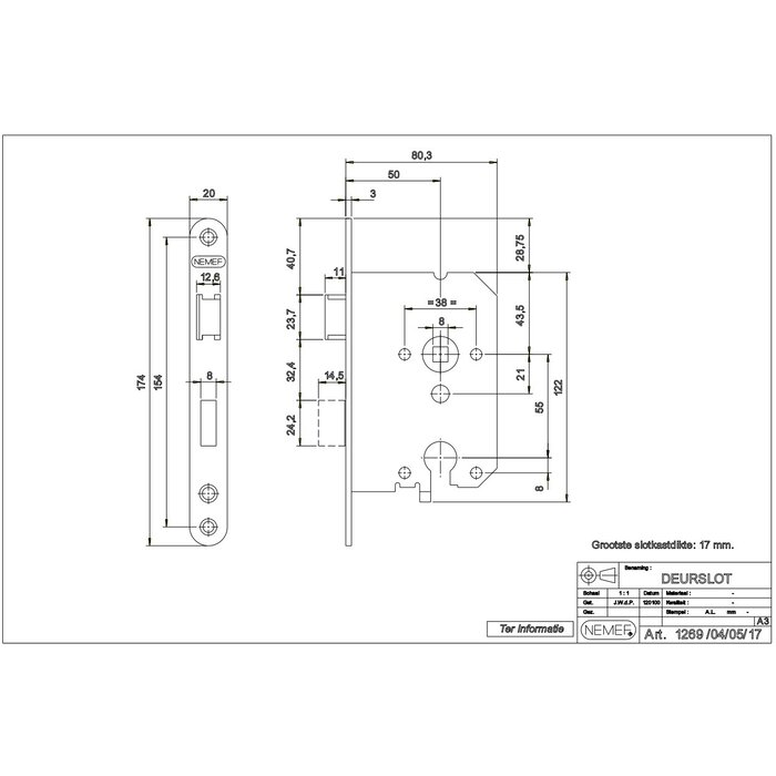 NEMEF Stainless steel cylinder lock NEMEF 1269/17-50 with rounded front plate
