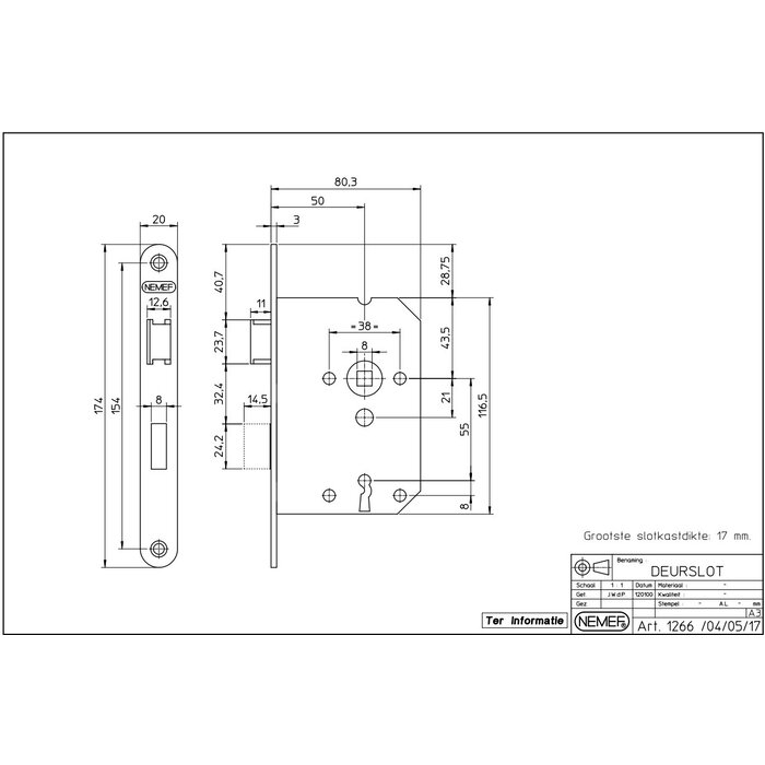 NEMEF Stainless steel keyboard lock NEMEF 1266/17-50 with rounded front plate