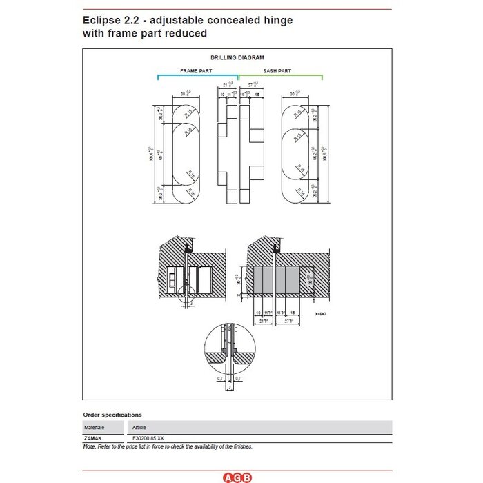 AGB Charnière 3D invisible AGB eclipse 2.2 - acier inoxydable