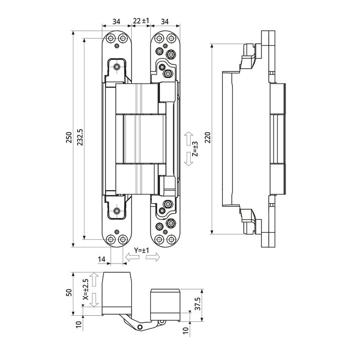 Otlav Otlav unsichtbares 3D-Scharnier IN343250 – 250 x 34 mm – matt schwarz – 200 kg/2