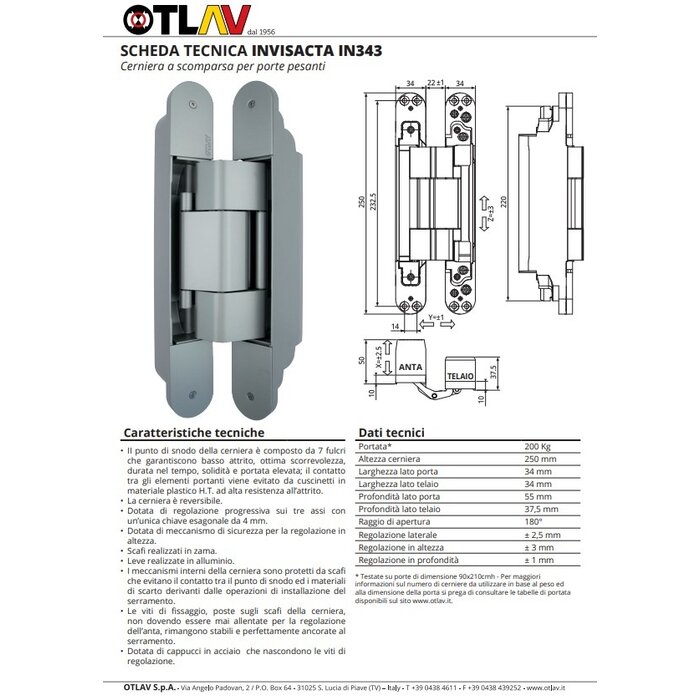 Otlav Otlav invisible 3D hinge IN343250 - 250x34mm - matt black - 200kg/2