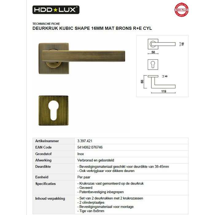 HDD HDD Türgriffe in mattierter Bronze KUBIC SHAPE 16 mm