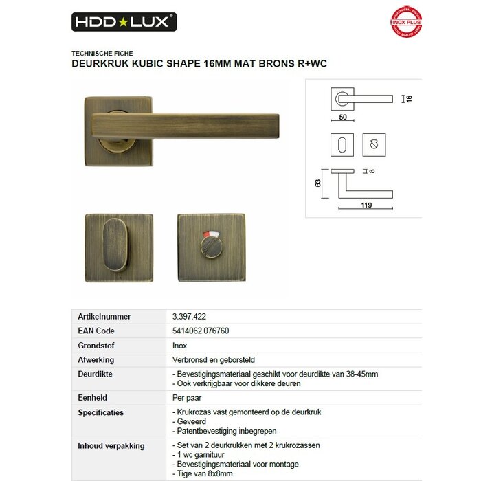 HDD HDD Türgriffe in mattierter Bronze KUBIC SHAPE 16 mm