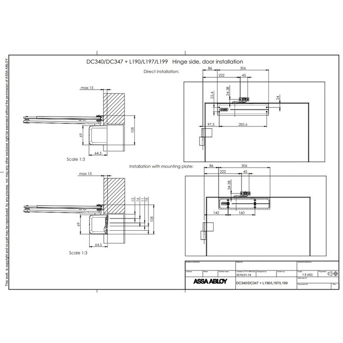 Assa Abloy Ferme-porte à bras ciseaux ou coulissant DC340 - ASSA ABLOY - Gris argenté