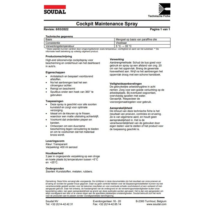 SOUDAL Soudal - Spray d'entretien cockpit sans silicone - 400 ml