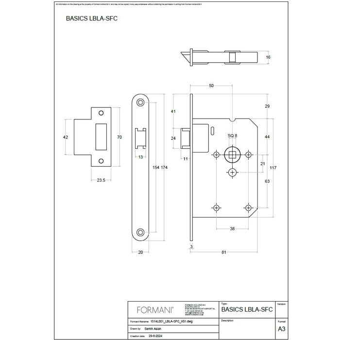 Formani FORMANI LBLA-SFC Zylinderschloss mit abgerundetem Vorderschaft 174 x 20 mm - Hellbronze PVD
