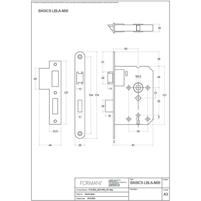 Formani FORMANI LBLA-N56 door lock with rounded front plate 174 x 20 mm - matt gold PVD