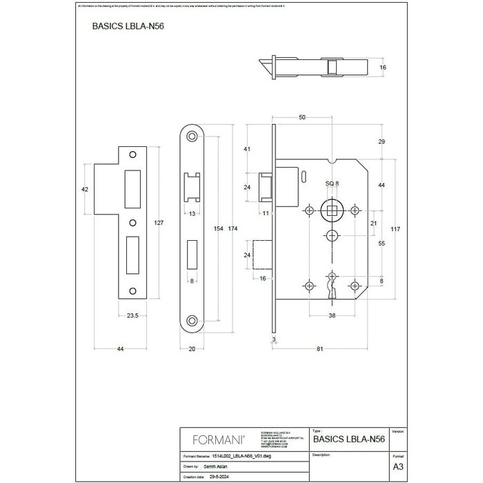 Formani FORMANI LBLA-N56 door lock with rounded front plate 174 x 20 mm - Gunmetal PVD
