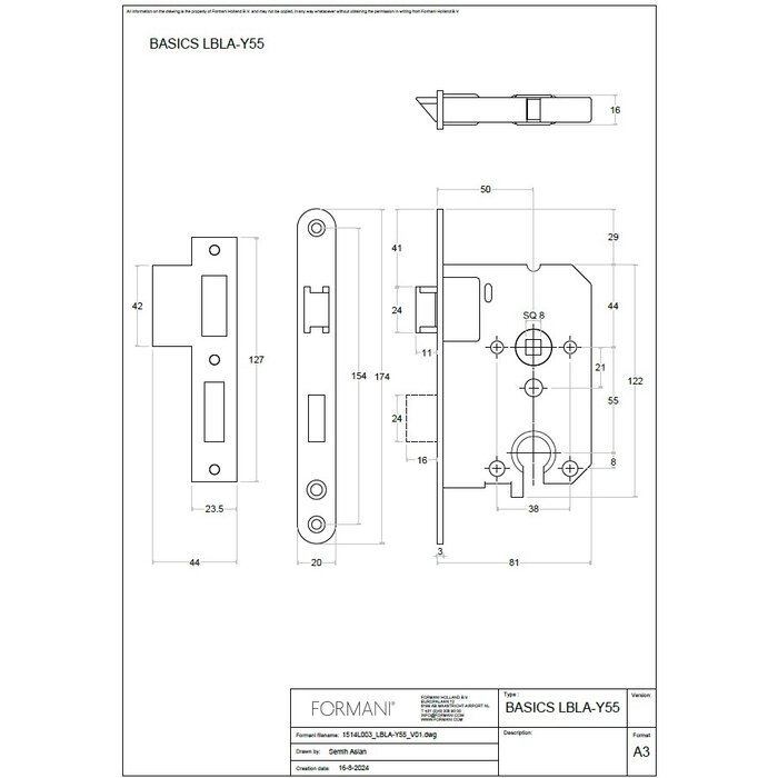 Formani FORMANI cylinder lock LBLA-Y55 with rounded front plate 174 x 20mm - matt gold PVD