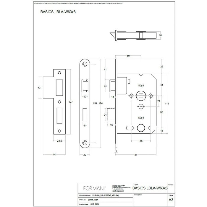 Formani FORMANI toilet lock LBLA-W63 with rounded front plate 174 x 20 mm - Matt gold PVD