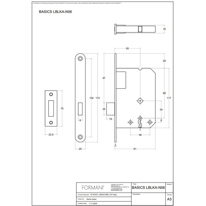 Formani FORMANI Schrankschloss LBLKA-N56 mit abgerundeter Frontplatte 174 x 20mm - Hellbronze PVD - Kopie