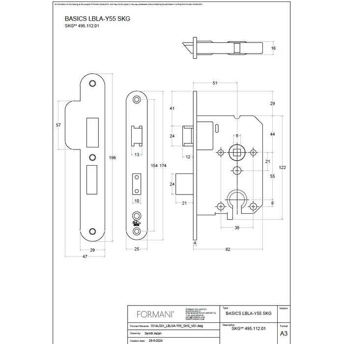 Formani FORMANI LBLSA-Y55 safety lock with rounded front plate 174 x 25 mm - Bronze