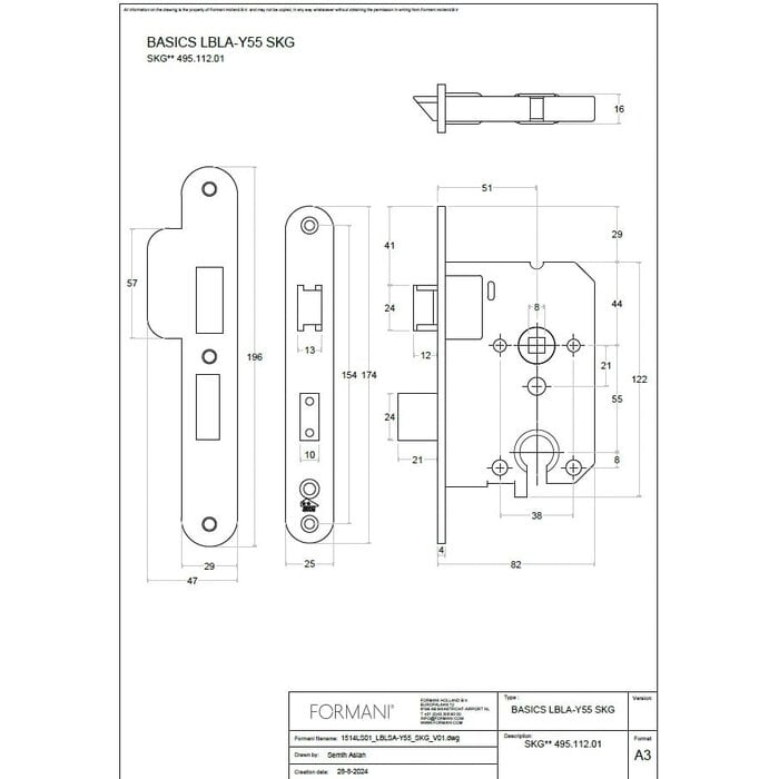 Formani FORMANI veiligheidsslot LBLSA-Y55 met afgeronde voorplaat 174 x 25mm - Mat RVS