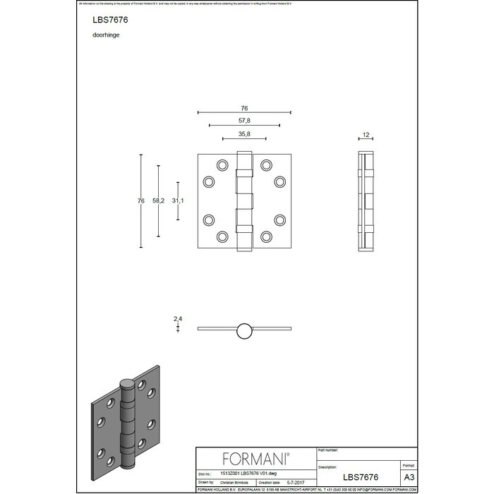 Formani Formani kogellagerscharnier 76x76mm BASICS LBS7676 rechte hoeken - Brons