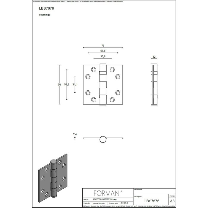 Formani Formani kogellagerscharnier 76x76mm BASICS LBS7676 rechte hoeken - gunmetal PVD