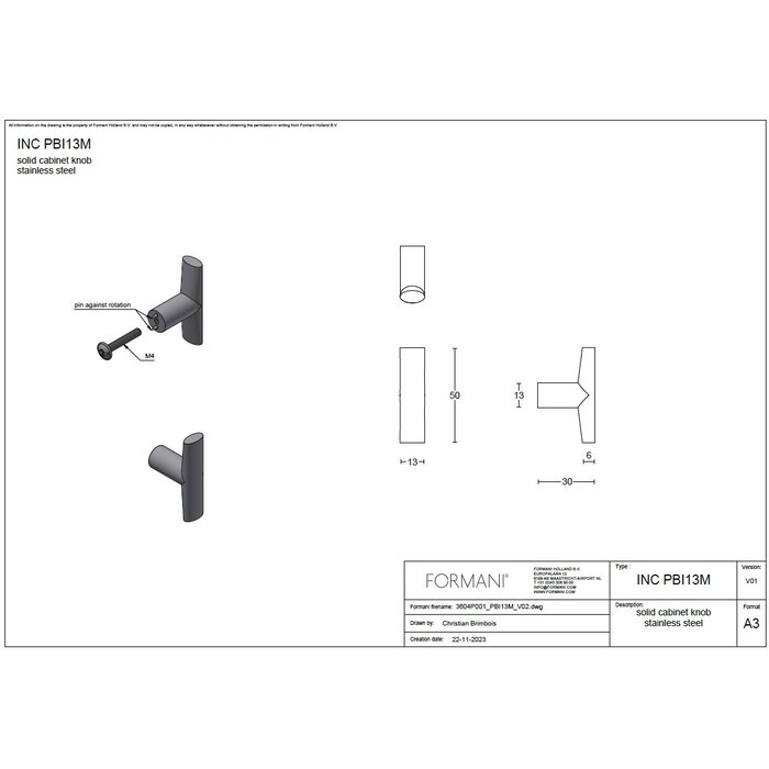 Formani Formani meubelknop INC PBI13M  - mat RVS