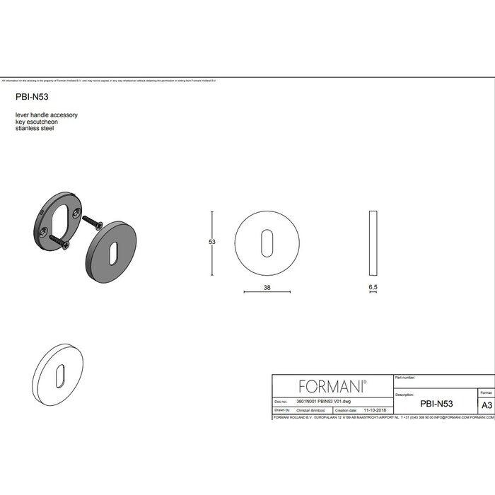 Formani 1 key plate Piet Boon INC - PBIN53 - 6.5mm - Light bronze PVD