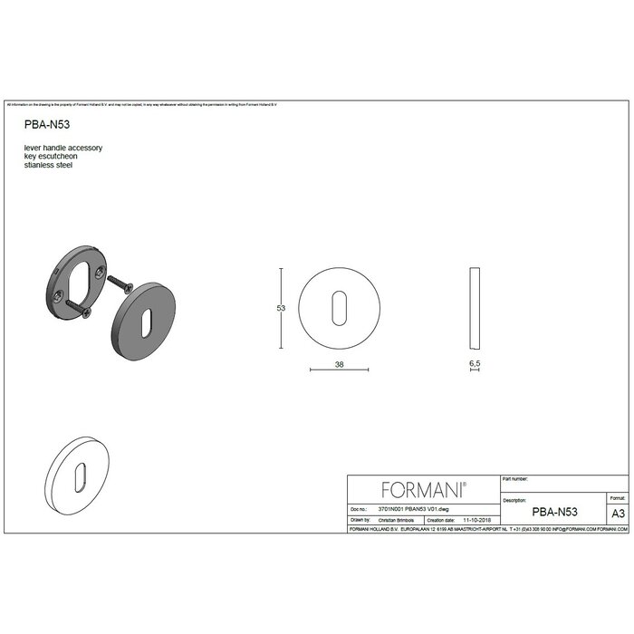 Formani 1 key plate Piet Boon ARC- PBAN53 - 6.5mm - Light bronze PVD