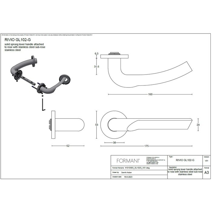 Formani Solid Formani door handles "RIVIO" GL102-G spring-loaded - Gold PVD