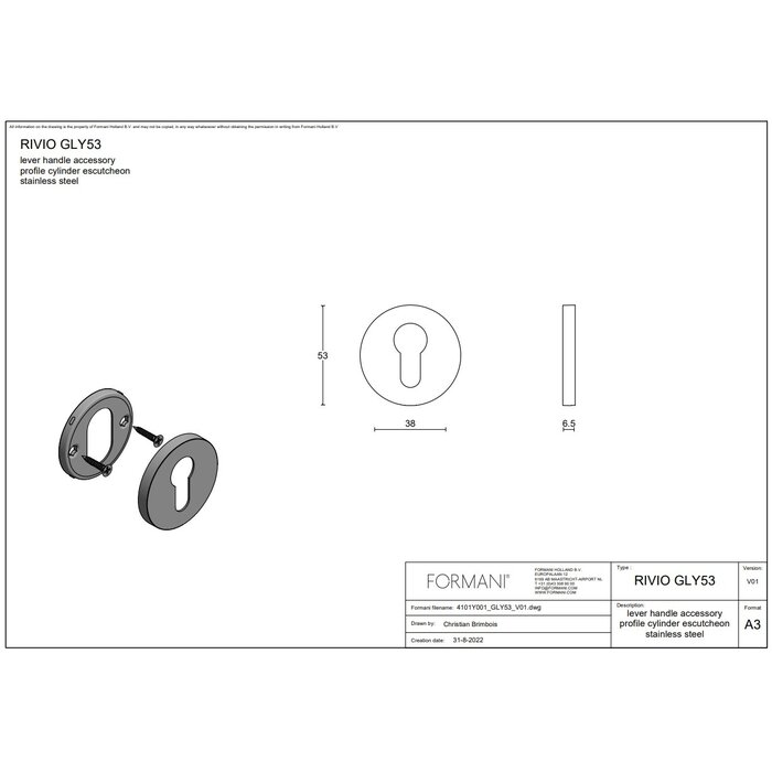 Formani 1 cylinder plate RIVIO-GLY53 - Light bronze PVD