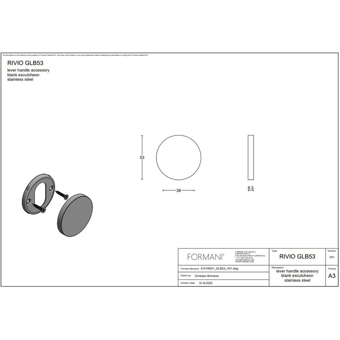 Formani 1 Blind plaatje RIVIO-GLN53 -Licht brons PVD