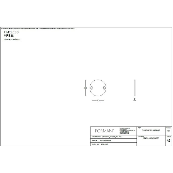 Formani 1 Blind plate TIMELESS MRB38 - Unlacquered brass