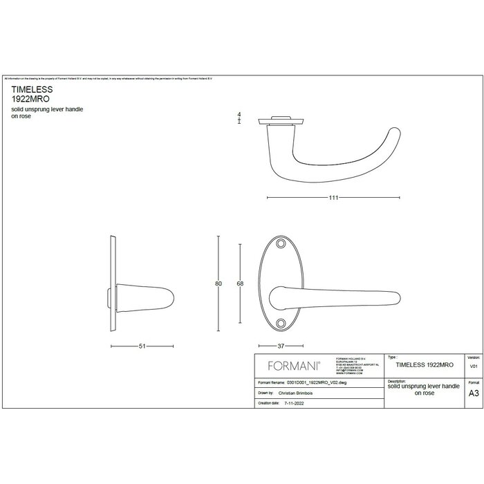 Formani Formani door handles TIMELESS 1922MRO - Unlacquered brass