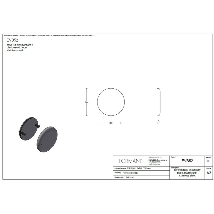 Formani 1 blind plaatje Edward Van Vliet NOUR - EVB52 - 6mm - glanzend RVS