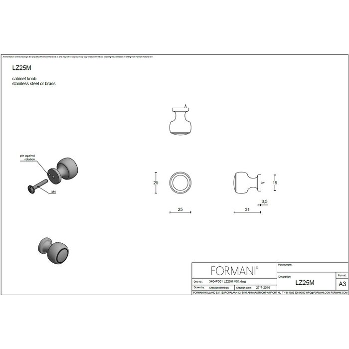 Formani Boutons de meuble ronds Formani BOSCO LZ25M, LZ30M, LZ35M - Laiton non laqué