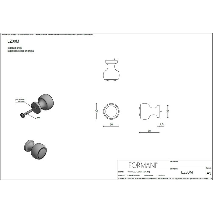 Formani Formani round furniture knobs BOSCO LZ25M, LZ30M, LZ35M - Unlacquered brass