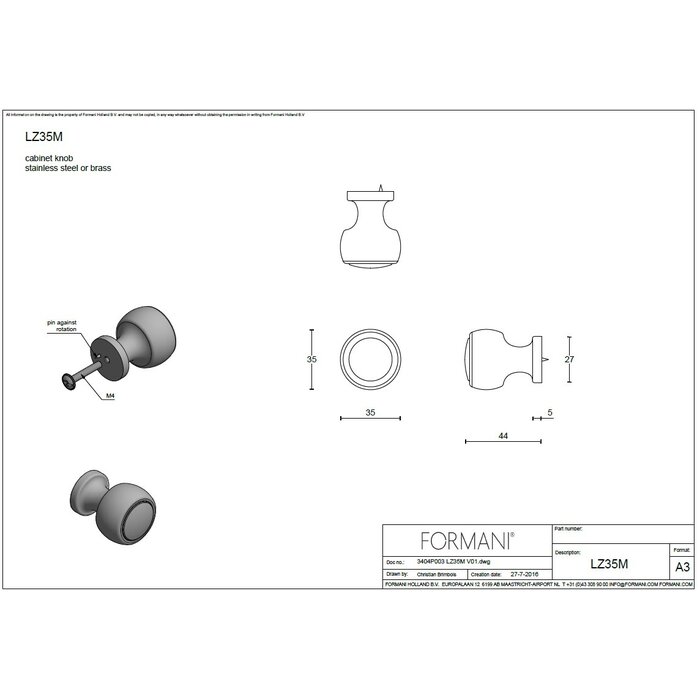 Formani Boutons de meuble ronds Formani BOSCO LZ25M, LZ30M, LZ35M - Laiton non laqué