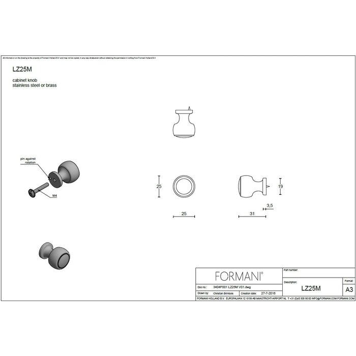 Formani Formani round furniture knobs BOSCO LZ25M, LZ30M, LZ35M - polished stainless steel