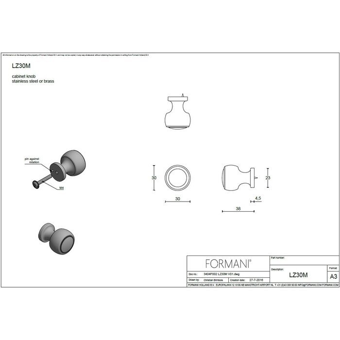Formani Boutons de meuble ronds Formani BOSCO LZ25M, LZ30M, LZ35M - acier inoxydable poli