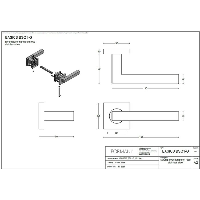 Formani Formani Basics BSQ1-G door handles on square spring rosette - Bronze