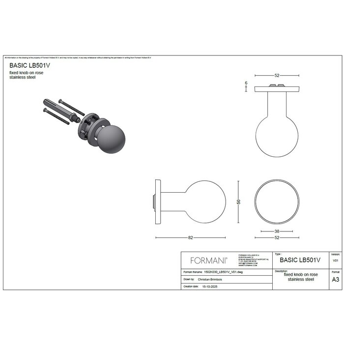 Formani Formani fixed spherical front door knob BASICS LB501 - Matt black