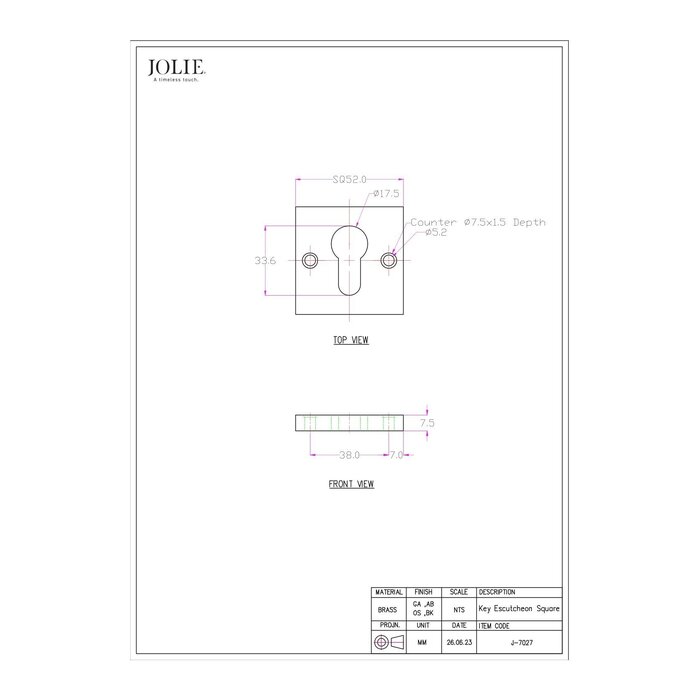 JOLIE Paar JOLIE sleutelplaatjes 52x52  - verouderd zilver
