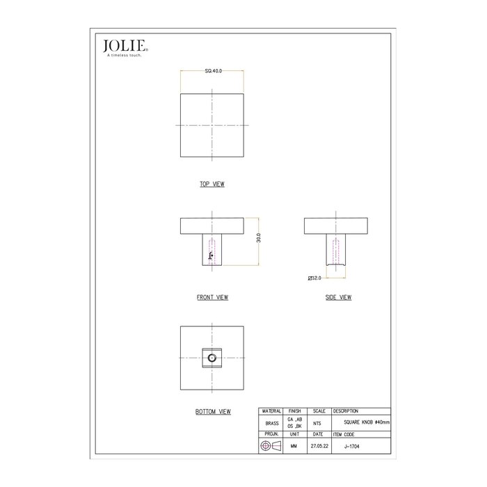 JOLIE JOLIE square furniture knob CARRE - aged bronze